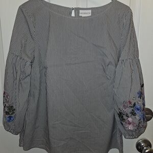 Liz Claiborne Black & White Pinstripe Blouse with Floral Embroidered Sleeves